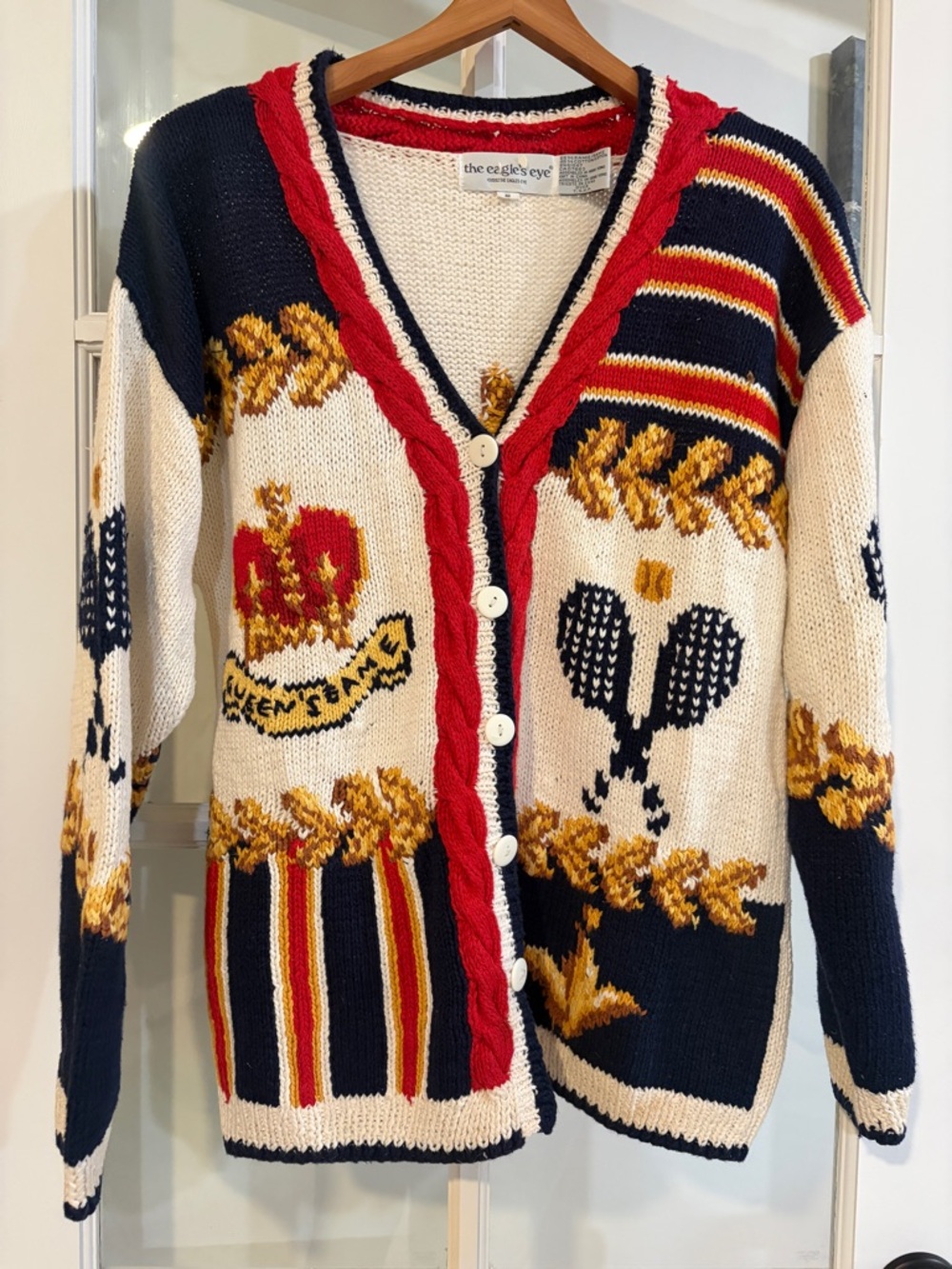 Vintage The Eagles Eye Cardigan Sweater Tennis Queen England Grannycore Grandma